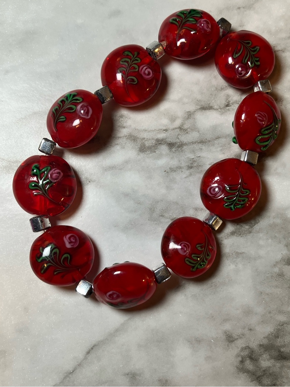 Vintage Red Floral Lampwork Glass Stretch Bracelet